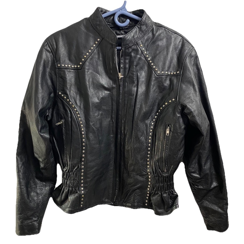 UNIK VTG Womens Black Leather Motorcycle Riding Jacket Studded Zip-out Liner XL